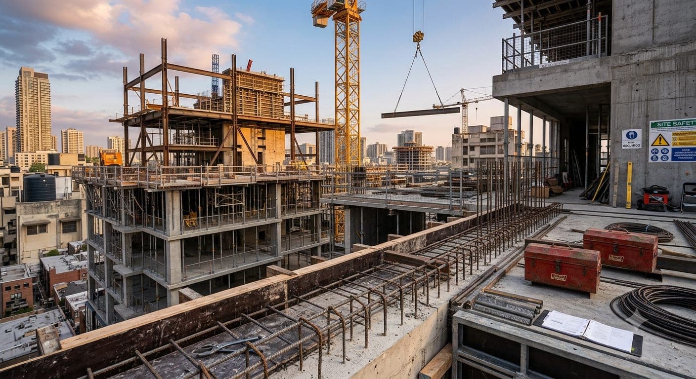 Reinforced concrete frame and tower crane on a Darsh Group development under construction